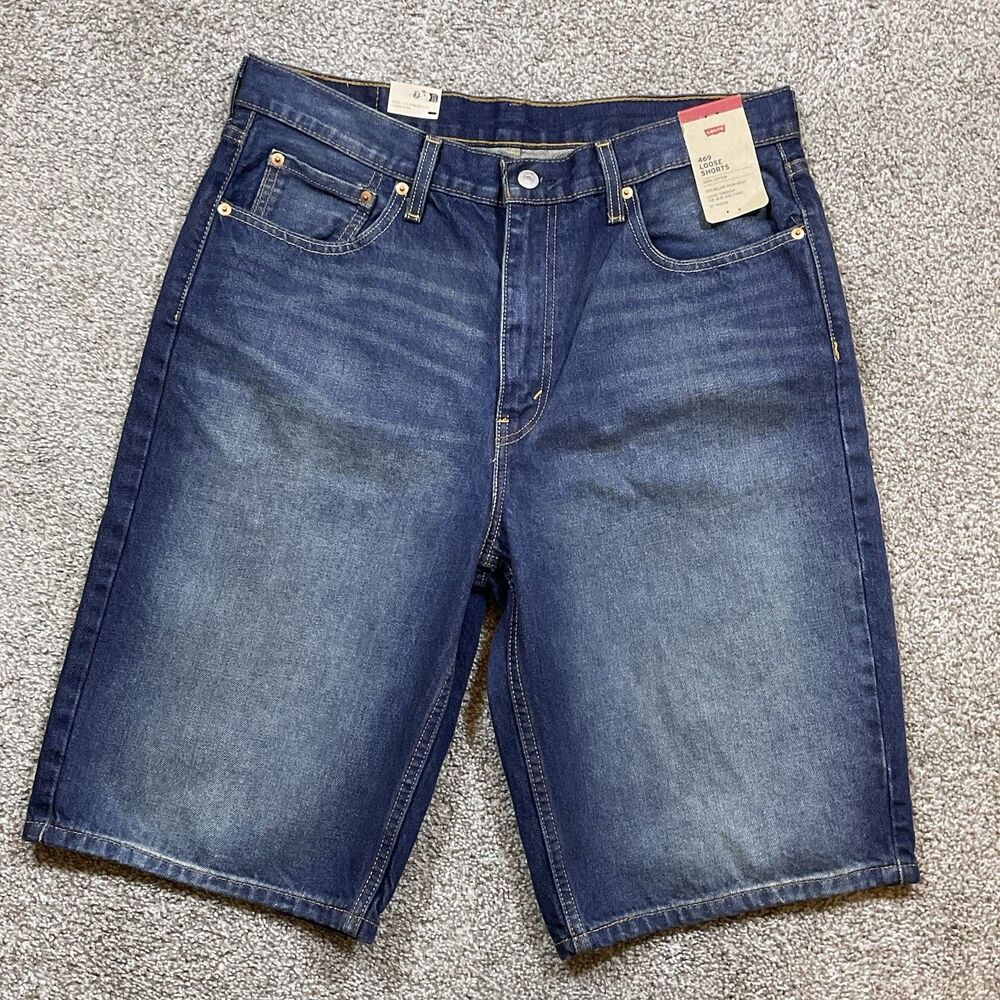 Levis 469 Mens Loose Fit‎ Denim Jean Shorts Size 33 Blue Casual Distressed NWT